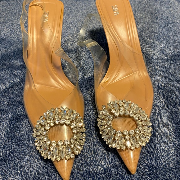 Zara Shoes - Zara Tan Pointed Toe Slingback Mules with Crystal Brooch